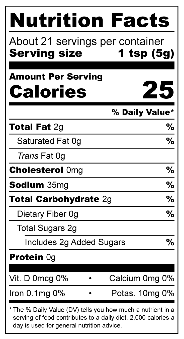 Nutrition facts label for a product with serving size of 1 tsp and 25 calories per serving.