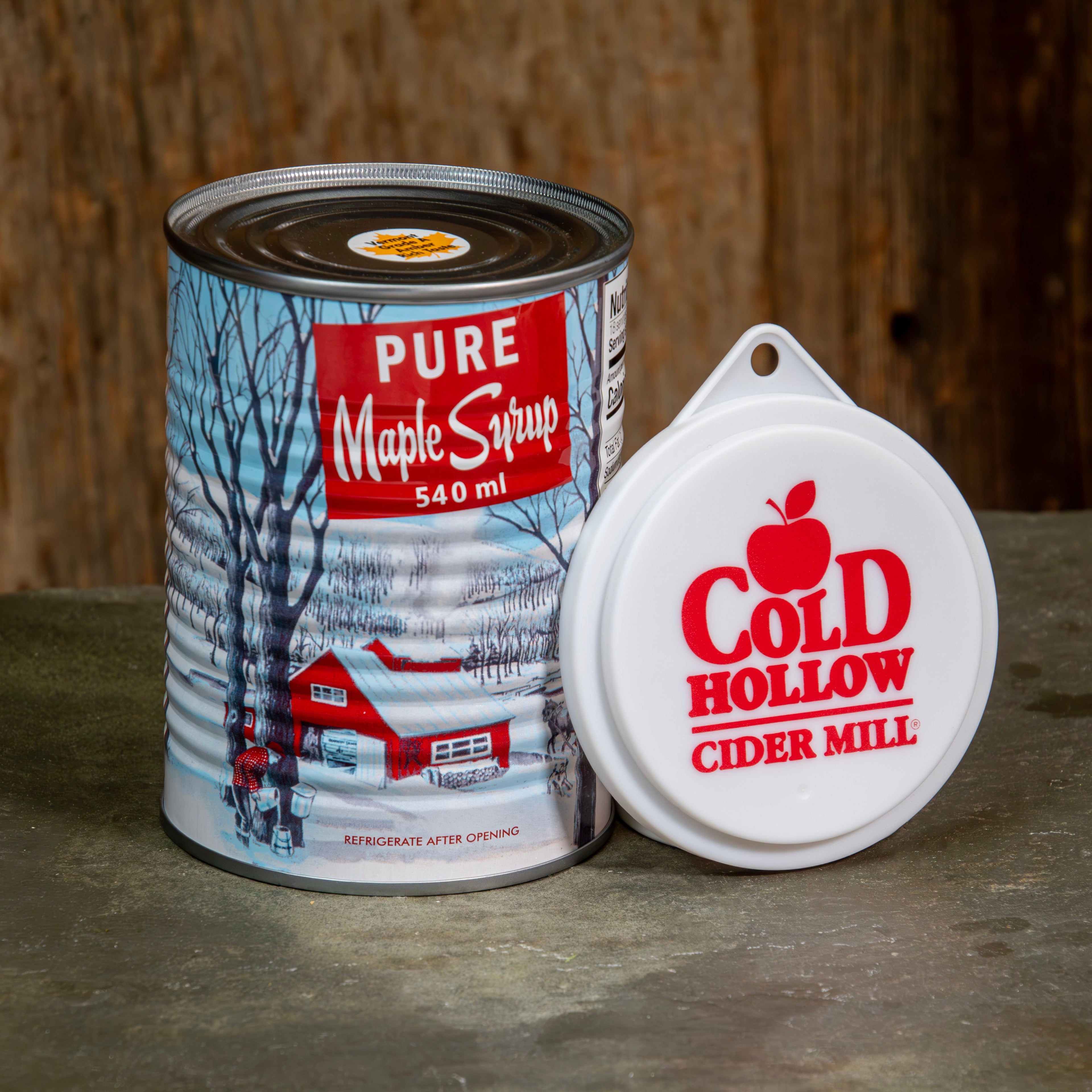 Can of pure maple syrup with a 'Cold Hollow Cider Mill' silicone lid.