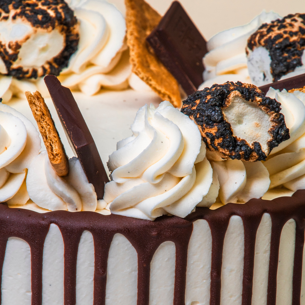 Close-up of a frosted cake with white piped swirls, dark chocolate drizzle, graham cracker pieces, and toasted marshmallow treats on top.