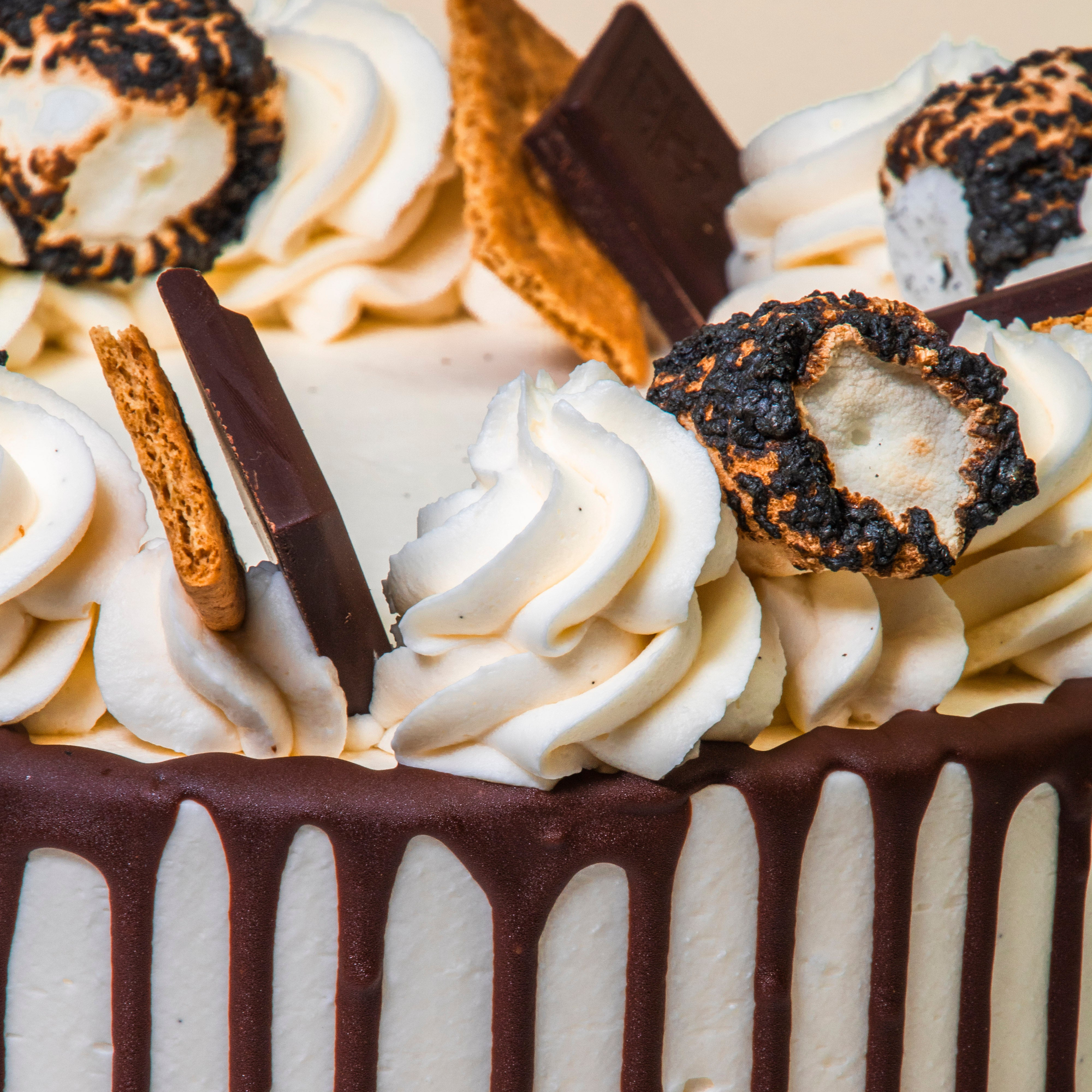 Close-up of a frosted cake with white piped swirls, dark chocolate drizzle, graham cracker pieces, and toasted marshmallow treats on top.