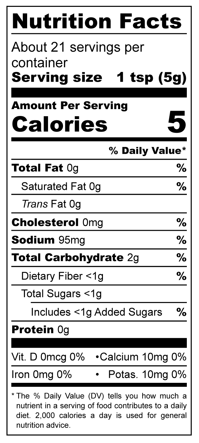 Nutrition facts label for a product with serving size of 1 tsp and 5 calories per serving.