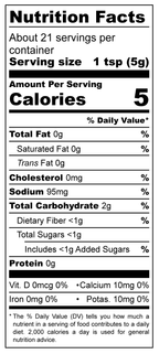 Nutrition facts label for a product with serving size of 1 tsp and 5 calories per serving.